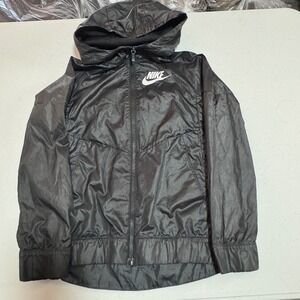 Nike Windbreaker Jacket Mens Medium Black Lightweight Hooded Full Zip Swoosh